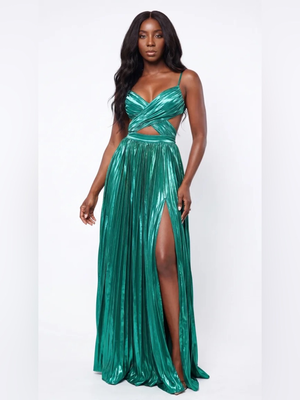 HAVING A MOMENT HIGH SLIT MAXI DRESS IN EMERALD GREEN